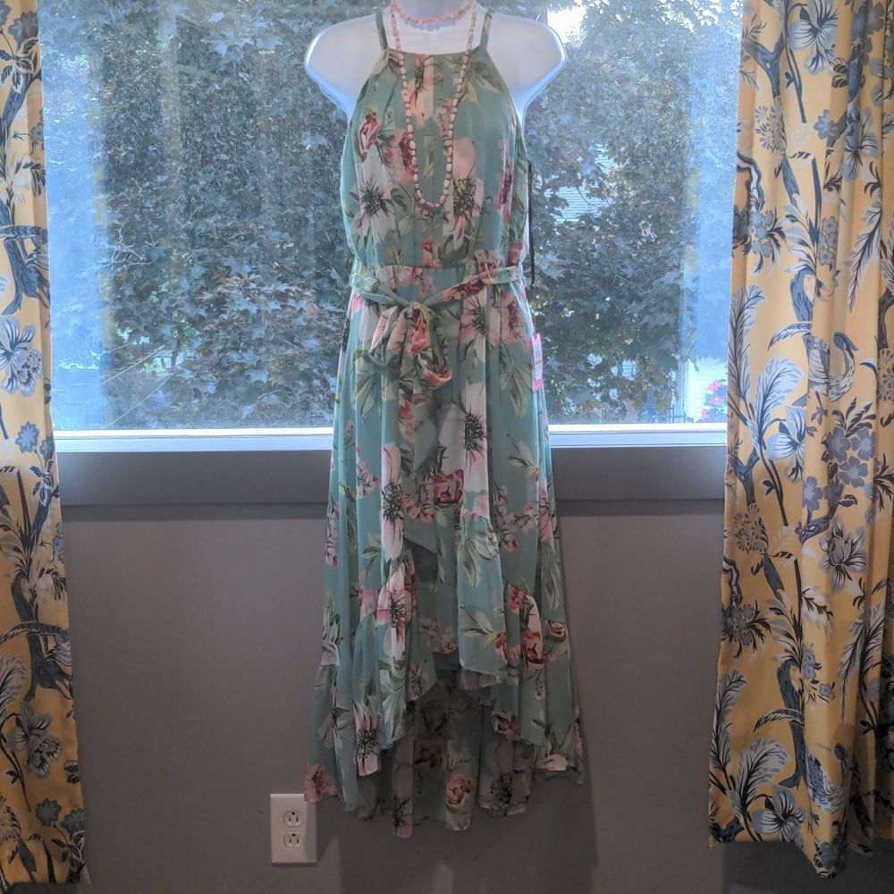 Vince Camuto Printed Chiffon Halter Dress High Low Sage 12